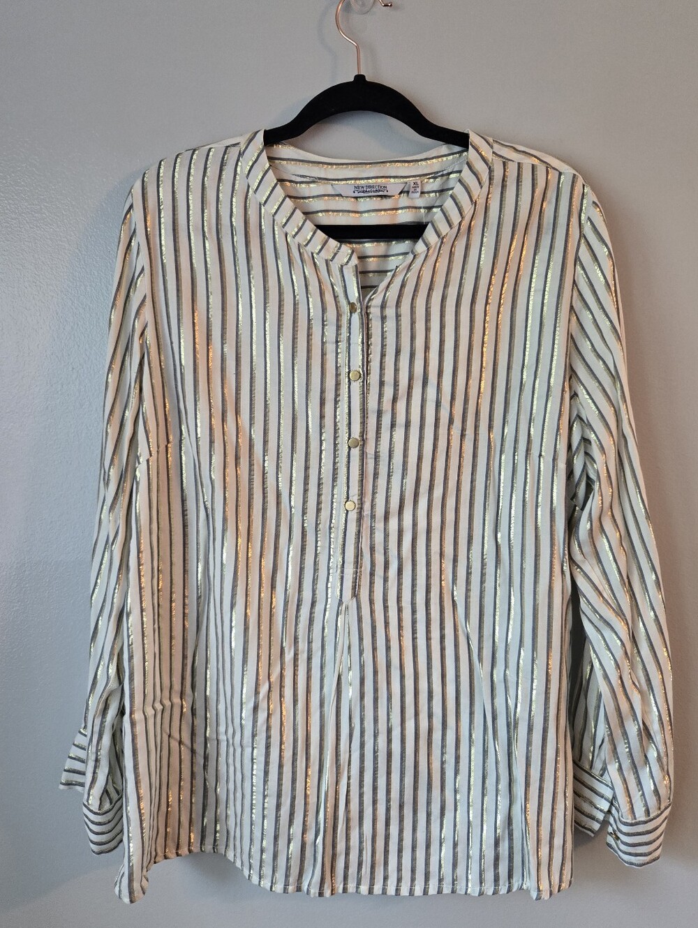 New Direction Metallic Gold Striped Blouse Henley Split Neck Long Sleeve Top XL